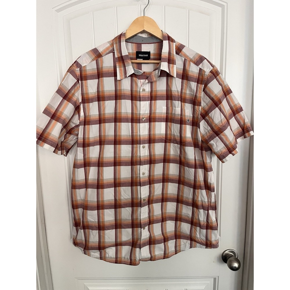 Marmot Shirt Mens XL Plaid Orange White Red Short Sleeve Button‎ Outdoors 008
